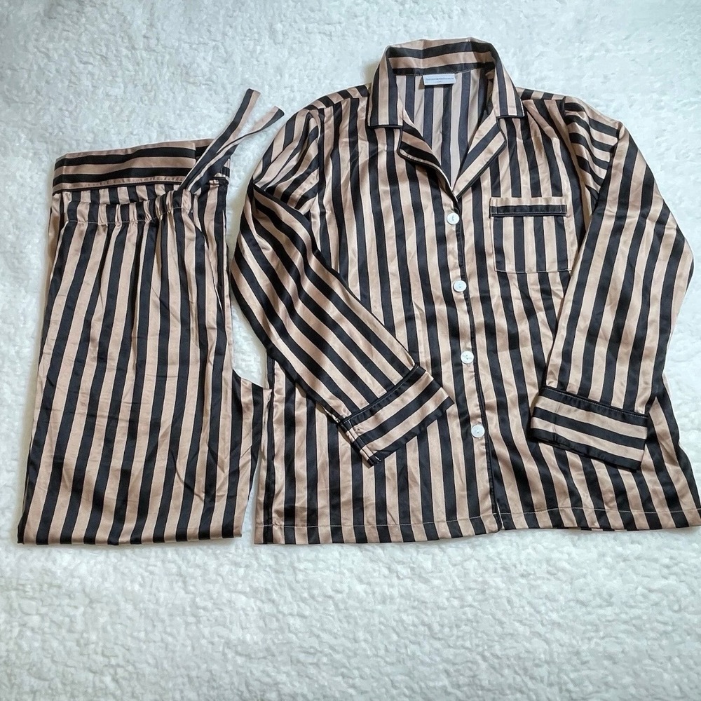 Serenedelicacy Pajama Set W XS Striped Satin Polyester Spandex Tan Black Striped
